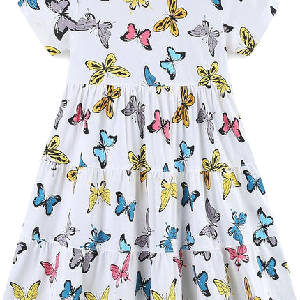 Girls Cotton Dress - Ruffle Sleeve Tiered A-Line Midi Sundress