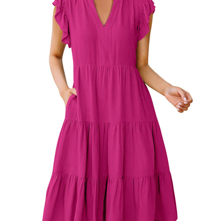 Blue Casual Dresses - Women's Summer Midi Dress - Ruffle Sleeve V-Neck Boho Beach Dress