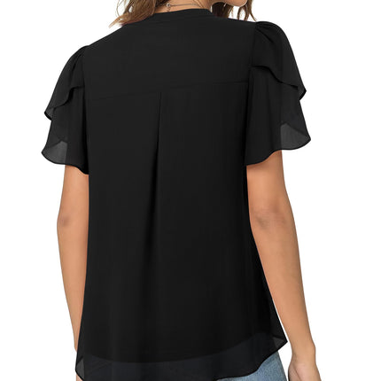 Polyester Blouses - Women's Chiffon Blouse V-Neck Puff Sleeve Summer Top for Work and Casual Wear
