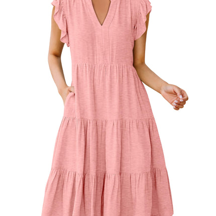 Blue Casual Dresses - Women's Summer Midi Dress - Ruffle Sleeve V-Neck Boho Beach Dress