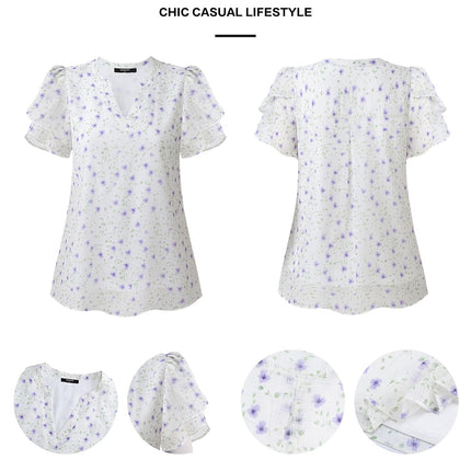 Polyester Blouses - Women's Chiffon Blouse V-Neck Puff Sleeve Summer Top for Work and Casual Wear
