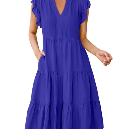 Blue Casual Dresses - Women's Summer Midi Dress - Ruffle Sleeve V-Neck Boho Beach Dress