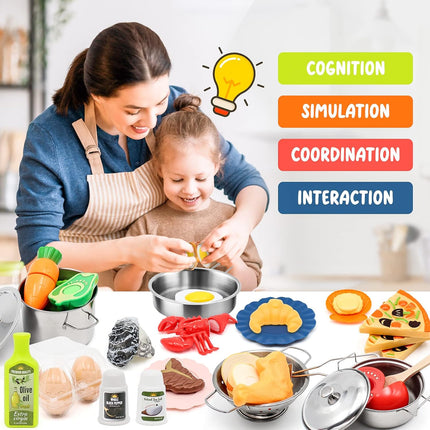 Kids Kitchen Playset - 38Pcs Stainless Steel Pots Pans Cooking Toys with Play Food Set