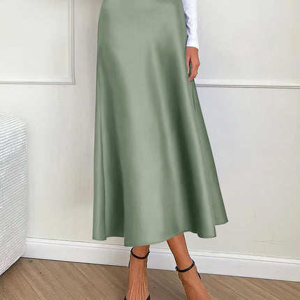 Women's High Waist Satin Midi Skirt - Elegant A-Line Flowy Party Wedding Skirt