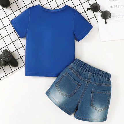 Children's Letter Round Neck Top and Denim Shorts Set