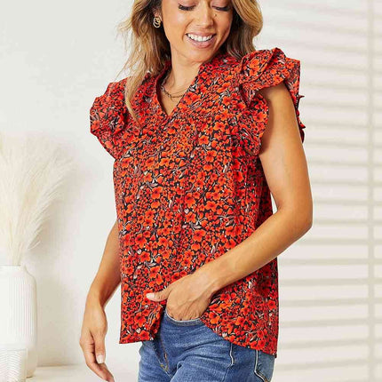 Double Take Floral Flutter Sleeve Notched Neck Women Blouse