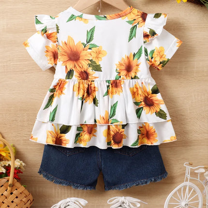 Children's Sunflower Ruffled Short Sleeve Top and Shorts Set