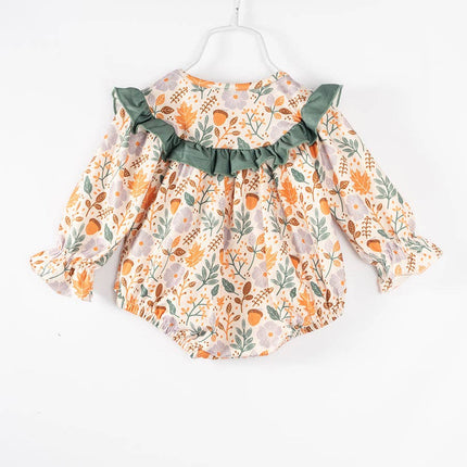 2025 NEW Green Pocket Floral Print Ruffle Baby Girl Romper