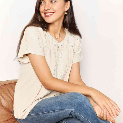 Double Take Crochet Buttoned Short Sleeves Women Top