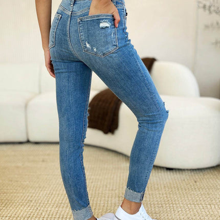 Judy Blue Full Size Mid Rise Destroy & Cuff Skinny Women Jeans