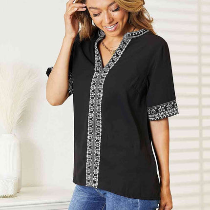 Double Take Embroidered Notched Neck Women Top