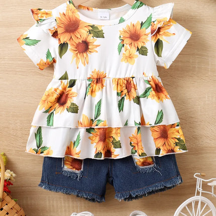 Children's Sunflower Ruffled Short Sleeve Top and Shorts Set