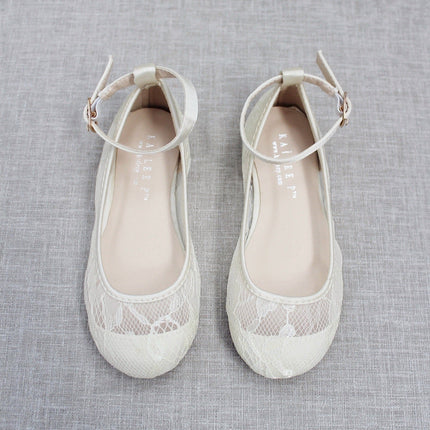 Ivory New Lace Ballet Flats with Ankle Strap