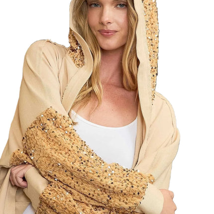 Garden Naked Womens Casual Bomber Jacket Sequin Embellished Hooded Cardigan Sparkly Beige Evening Party