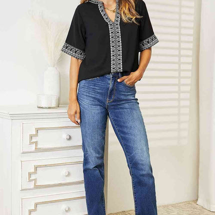 Double Take Embroidered Notched Neck Women Top