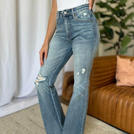 Judy Blue Full Size Medium Rise Tummy Control Destroy Flare Women Jeans