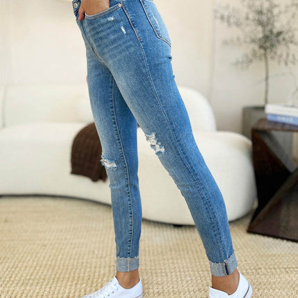 Judy Blue Full Size Mid Rise Destroy & Cuff Skinny Women Jeans