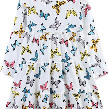 Girls Cotton Dress - Ruffle Sleeve Tiered A-Line Midi Sundress