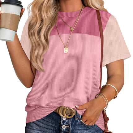 Women's Color Block Knit Shirt Short Sleeve Crewneck Top