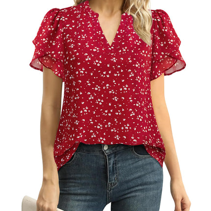 Polyester Blouses - Women's Chiffon Blouse V-Neck Puff Sleeve Summer Top for Work and Casual Wear