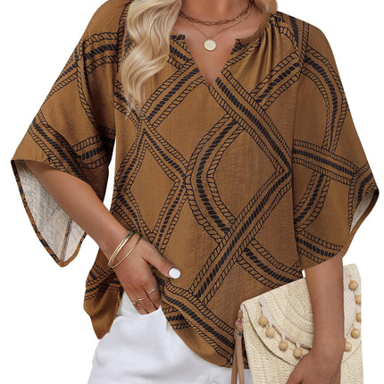 Big & Tall Clothing - Women's 3/4 Sleeve V-Neck Bohemian Peasant Blouse Loose Fit Tunic Top