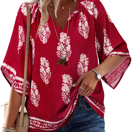 Big & Tall Clothing - Women's 3/4 Sleeve V-Neck Bohemian Peasant Blouse Loose Fit Tunic Top