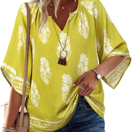 Big & Tall Clothing - Women's 3/4 Sleeve V-Neck Bohemian Peasant Blouse Loose Fit Tunic Top
