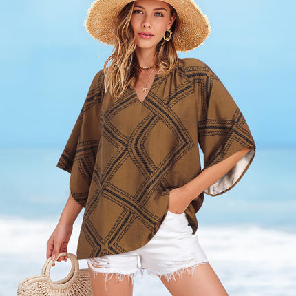 Big & Tall Clothing - Women's 3/4 Sleeve V-Neck Bohemian Peasant Blouse Loose Fit Tunic Top