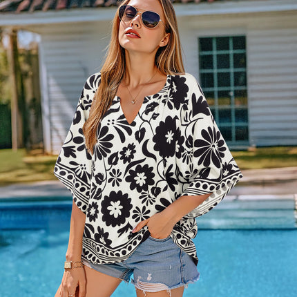 Big & Tall Clothing - Women's 3/4 Sleeve V-Neck Bohemian Peasant Blouse Loose Fit Tunic Top