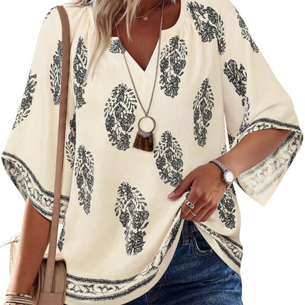 Big & Tall Clothing - Women's 3/4 Sleeve V-Neck Bohemian Peasant Blouse Loose Fit Tunic Top