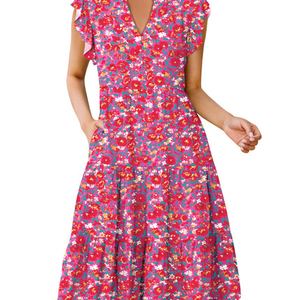 Blue Casual Dresses - Women's Summer Midi Dress - Ruffle Sleeve V-Neck Boho Beach Dress