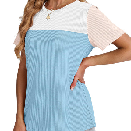 Women's Color Block Knit Shirt Short Sleeve Crewneck Top
