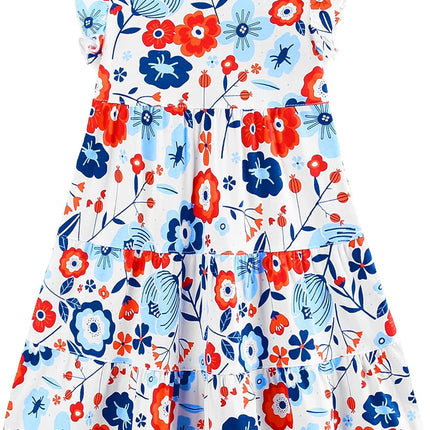 Girls Cotton Dress - Ruffle Sleeve Tiered A-Line Midi Sundress