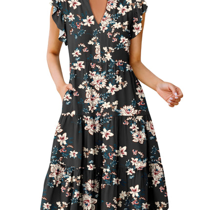 Blue Casual Dresses - Women's Summer Midi Dress - Ruffle Sleeve V-Neck Boho Beach Dress