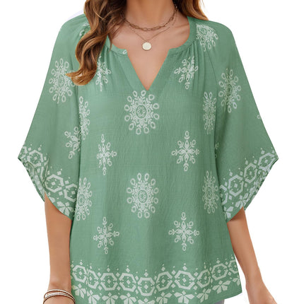 Big & Tall Clothing - Women's 3/4 Sleeve V-Neck Bohemian Peasant Blouse Loose Fit Tunic Top