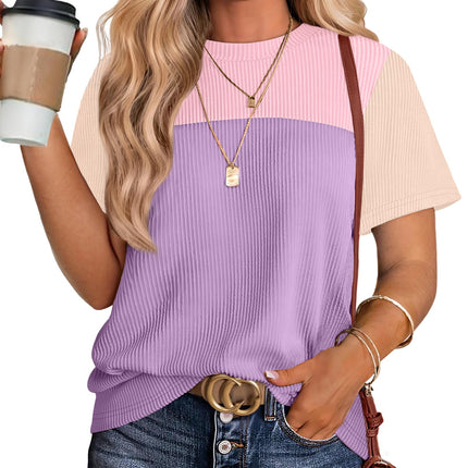 Women's Color Block Knit Shirt Short Sleeve Crewneck Top