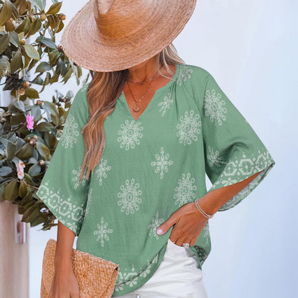 Big & Tall Clothing - Women's 3/4 Sleeve V-Neck Bohemian Peasant Blouse Loose Fit Tunic Top