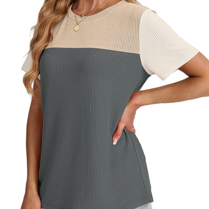 Women's Color Block Knit Shirt Short Sleeve Crewneck Top