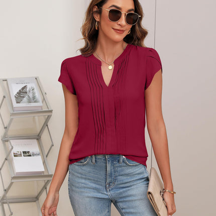 Beautiful Blouses For Ladies - Women's V-Neck Blouse with Pintuck Detail Short Petal Sleeve Business Top
