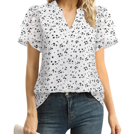 Polyester Blouses - Women's Chiffon Blouse V-Neck Puff Sleeve Summer Top for Work and Casual Wear
