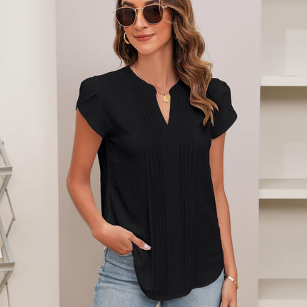 Beautiful Blouses For Ladies - Women's V-Neck Blouse with Pintuck Detail Short Petal Sleeve Business Top