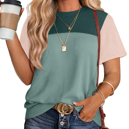 Women's Color Block Knit Shirt Short Sleeve Crewneck Top