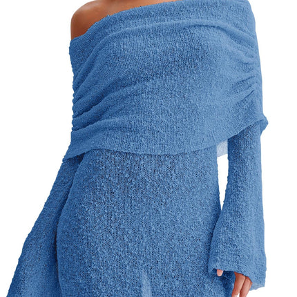 Women's Off Shoulder Beach Cover Up - Sheer Bell Sleeve Mini Dress for Swimwear