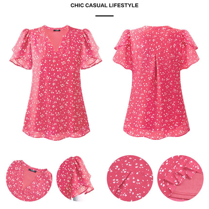 Polyester Blouses - Women's Chiffon Blouse V-Neck Puff Sleeve Summer Top for Work and Casual Wear
