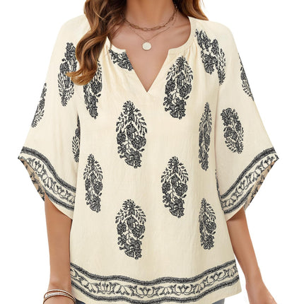 Big & Tall Clothing - Women's 3/4 Sleeve V-Neck Bohemian Peasant Blouse Loose Fit Tunic Top
