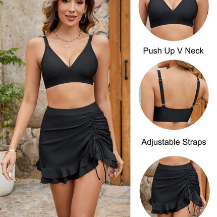 Women's High Waisted Bikini Set with Swim Skirt - Retro Gingham Tummy Control Swimsuit