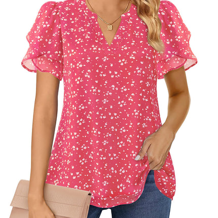 Polyester Blouses - Women's Chiffon Blouse V-Neck Puff Sleeve Summer Top for Work and Casual Wear