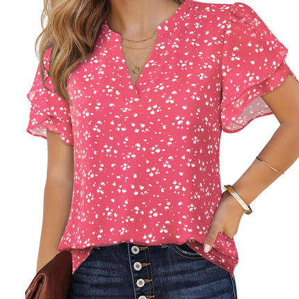 Polyester Blouses - Women's Chiffon Blouse V-Neck Puff Sleeve Summer Top for Work and Casual Wear