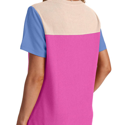 Women's Color Block Knit Shirt Short Sleeve Crewneck Top