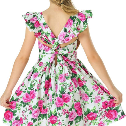 Girls Floral Cotton Dress - Sleeveless Summer Dress with Zipper Closure